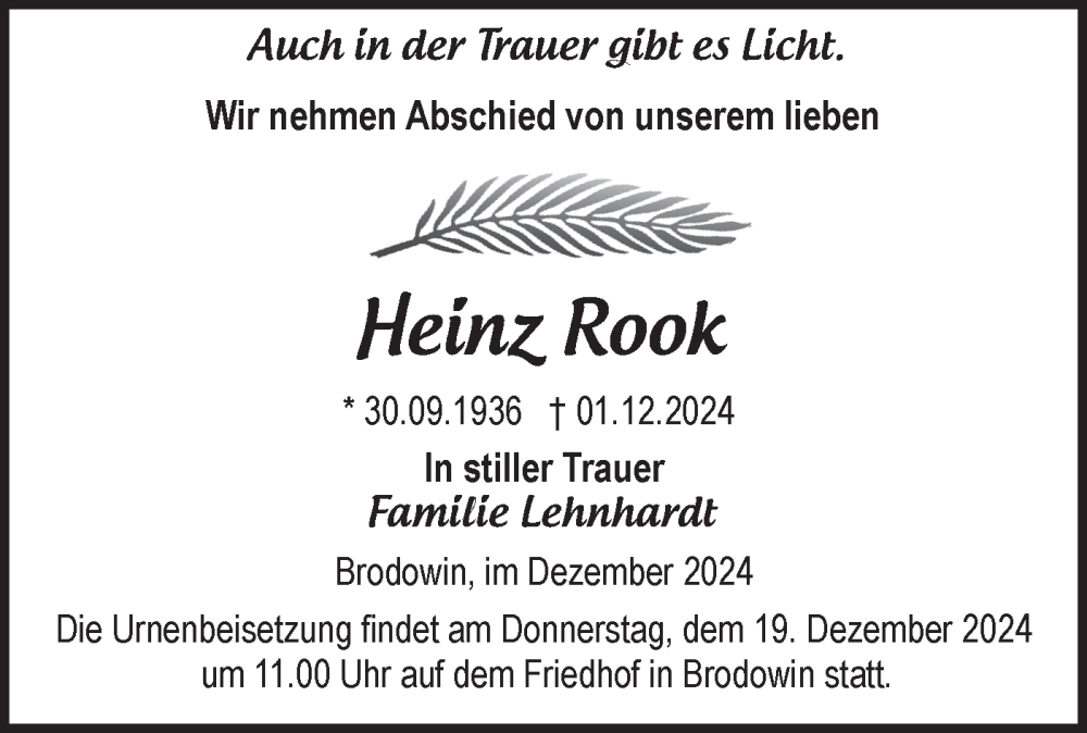 Traueranzeigen von Heinz Rook Märkische Onlinezeitung Trauerportal