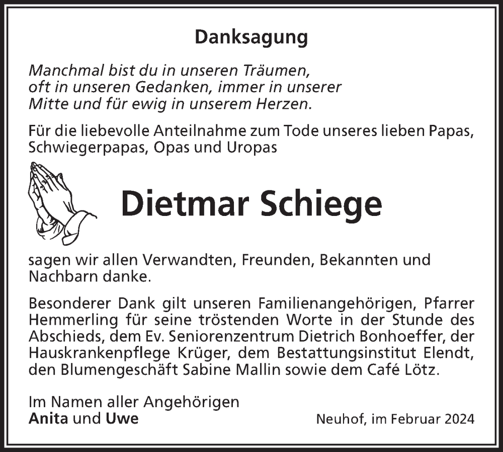 Traueranzeigen von Dietmar Schiege Märkische Onlinezeitung Trauerportal