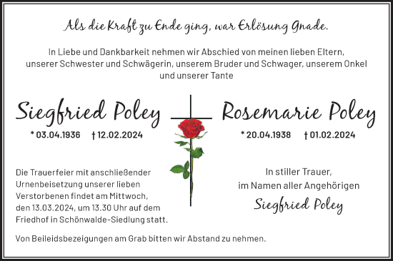 Traueranzeige von Siegfried und Rosemarie Poley von Märkische Oderzeitung