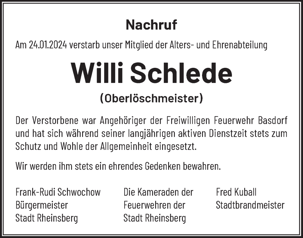 Traueranzeigen von Willi Schlede Märkische Onlinezeitung Trauerportal