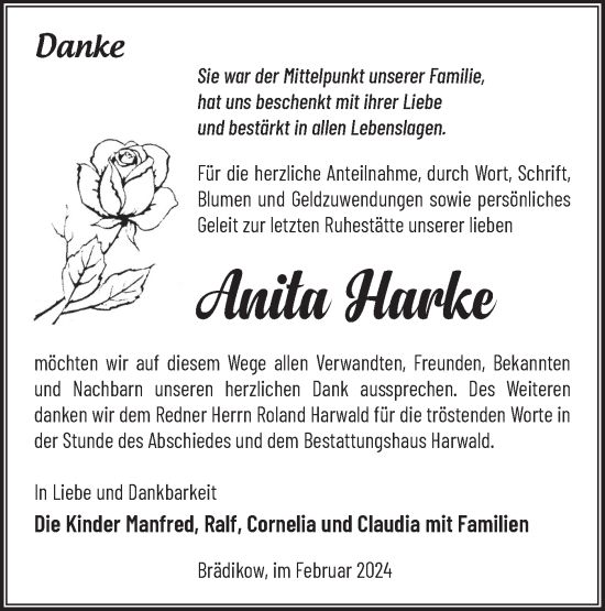 Traueranzeige von Anita Harke von Märkische Oderzeitung