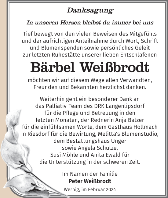 Traueranzeige von Bärbel Weißbrodt von Märkische Oderzeitung