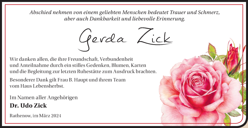 Traueranzeigen von Gerda Zick Märkische Onlinezeitung Trauerportal