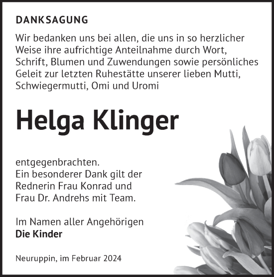 Traueranzeige von Helga Klinger von Märkische Oderzeitung