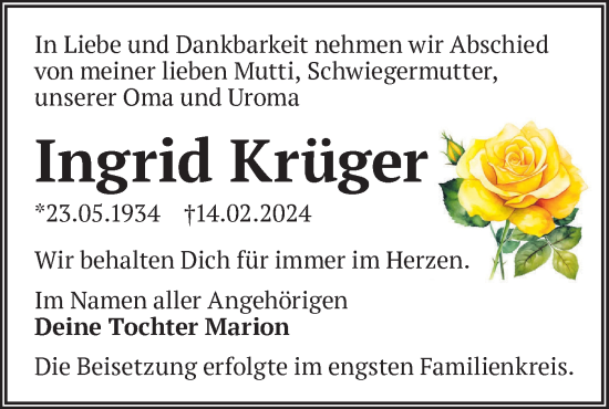 Traueranzeigen Von Ingrid Kr Ger M Rkische Onlinezeitung Trauerportal