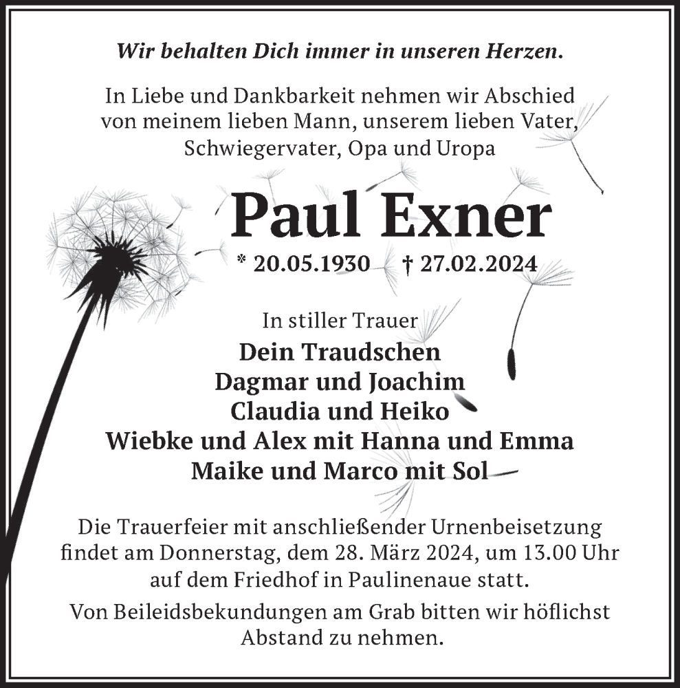 Traueranzeigen Von Paul Exner M Rkische Onlinezeitung Trauerportal