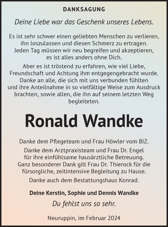 Traueranzeige von Ronald Wandke von Märkische Oderzeitung