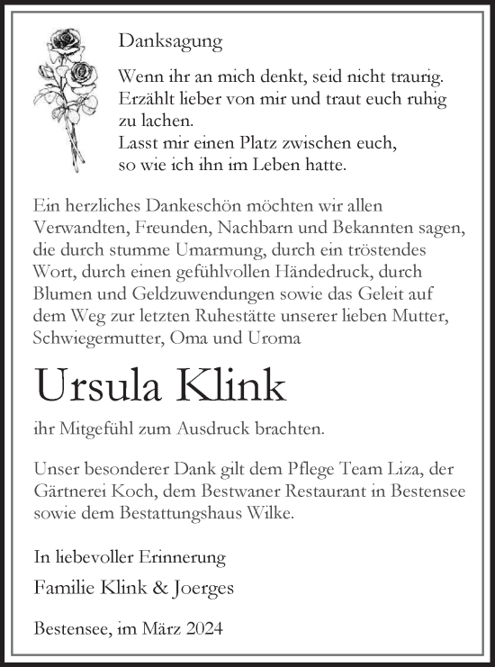 Traueranzeigen Von Ursula Klink M Rkische Onlinezeitung Trauerportal