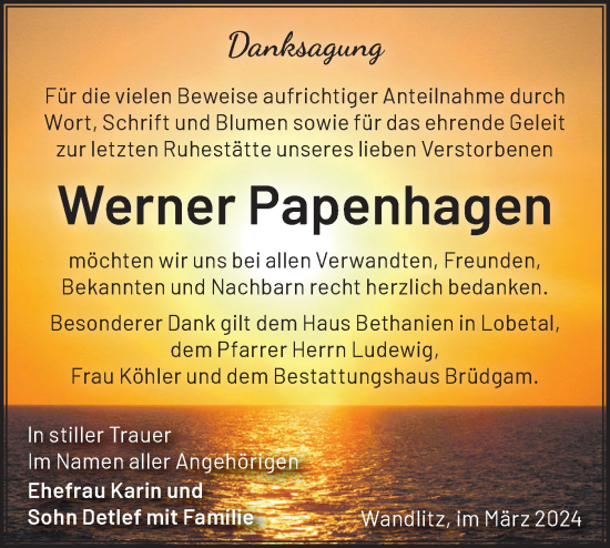 Traueranzeige von Werner Papenhagen von Märkische Oderzeitung