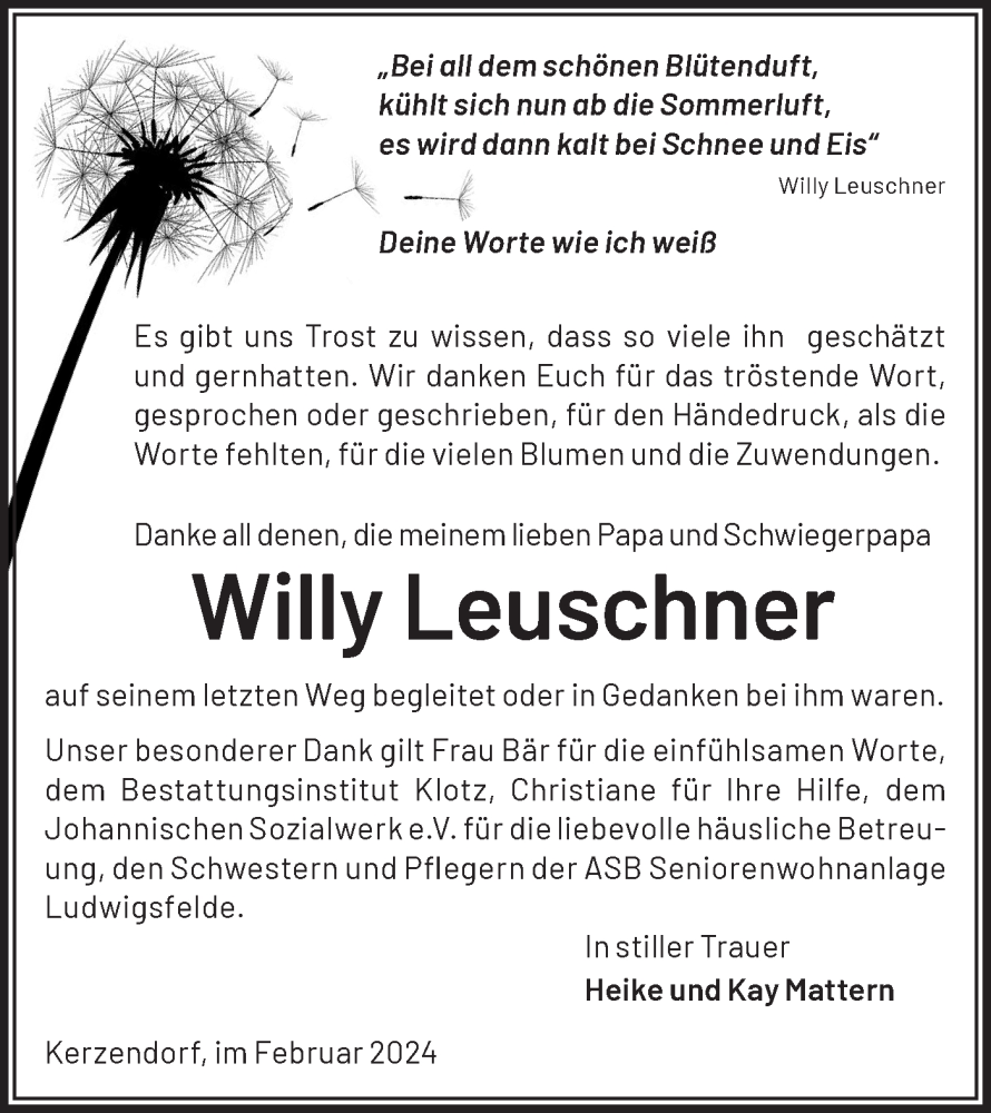 Traueranzeigen von Willy Leuschner Märkische Onlinezeitung Trauerportal