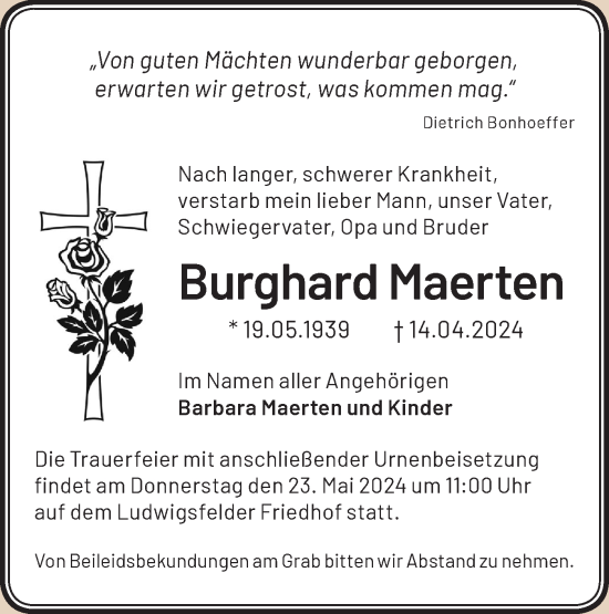 Traueranzeige von Burghard Maerten von Märkische Oderzeitung
