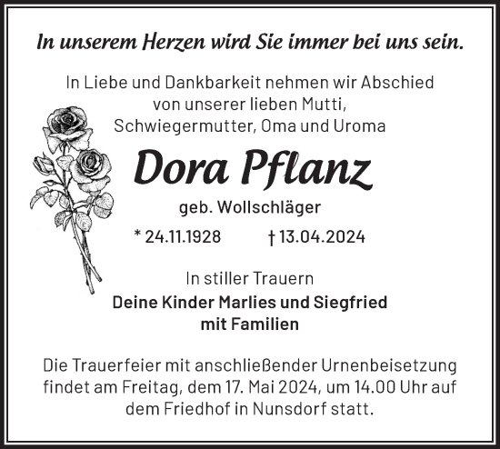 Traueranzeige von Dora Pflanz von Märkische Oderzeitung
