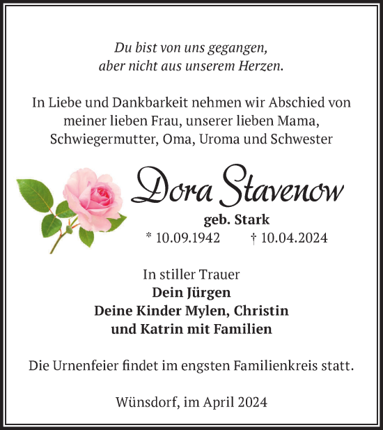 Traueranzeige von Dora Stavenow von Märkische Oderzeitung