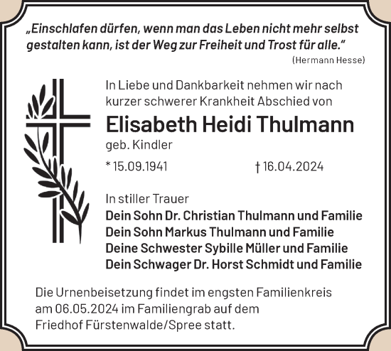 Traueranzeige von Elisabeth Heidi Thulmann von Märkische Oderzeitung