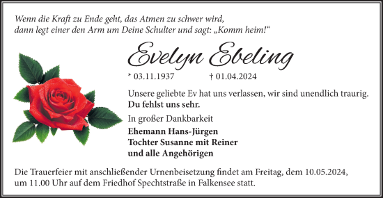Traueranzeige von Evelyn Ebeling von Märkische Oderzeitung