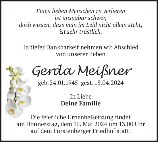 Traueranzeige von Gerda Meißner von Märkische Oderzeitung