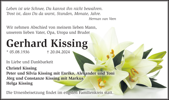 Traueranzeige von Gerhard Kissing von Märkische Oderzeitung