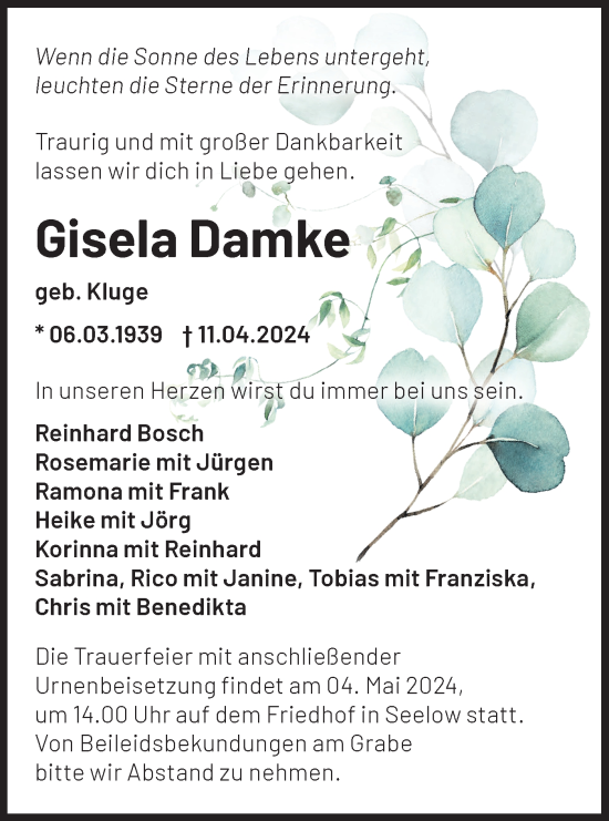 Traueranzeige von Gisela Damke von Märkische Oderzeitung