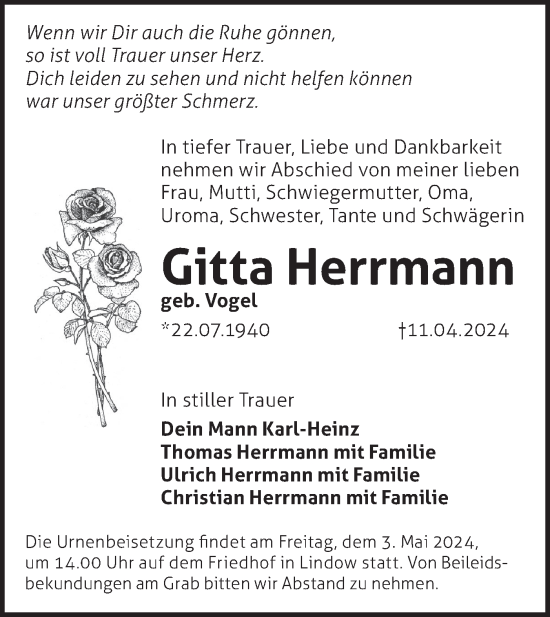 Traueranzeige von Gitta Herrmann von Märkische Oderzeitung