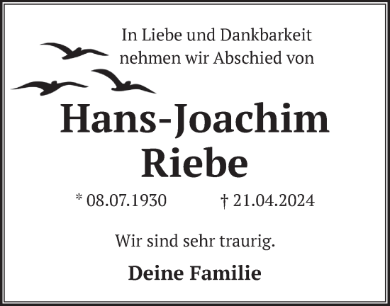 Traueranzeige von Hans-Joachim Riebe von Märkische Oderzeitung