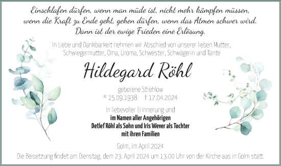 Traueranzeige von Hildegard Röhl von Märkische Oderzeitung