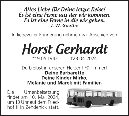 Traueranzeige von Horst Gerhardt von Märkische Oderzeitung