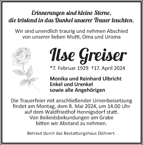 Traueranzeige von Ilse Greiser von Märkische Oderzeitung