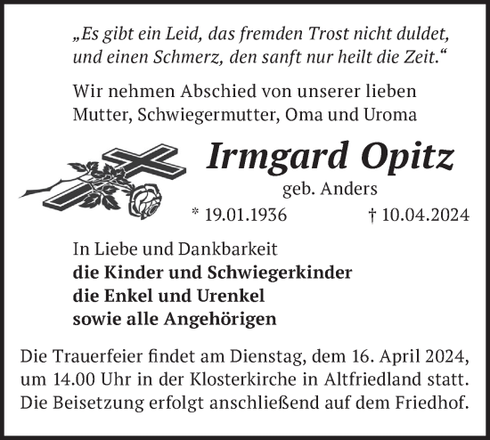 Traueranzeige von Irmgard Opitz von Märkische Oderzeitung