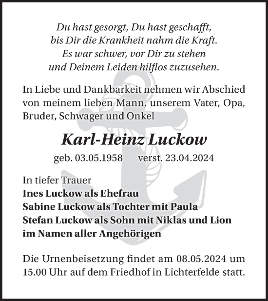 Traueranzeige von Karl-Heinz Luckow von Märkische Oderzeitung