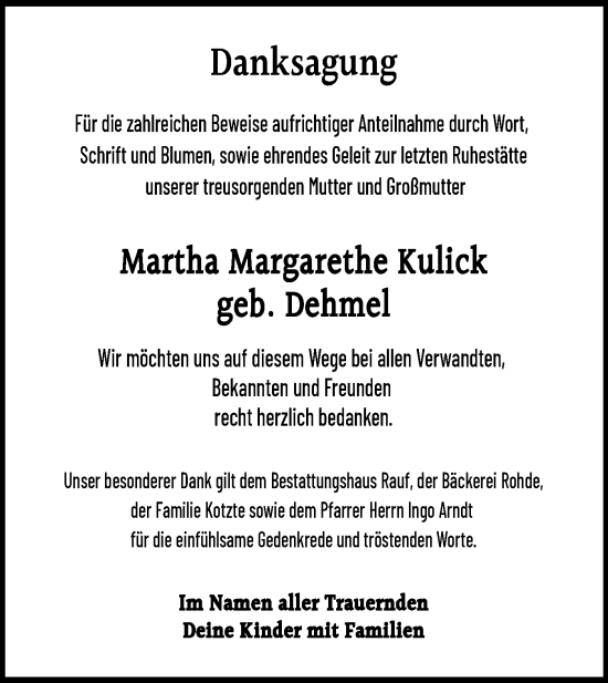 Traueranzeige von Martha Margarethe Kulick von Märkische Oderzeitung