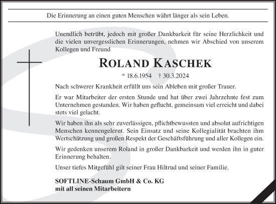 Traueranzeige von Roland Kaschek von Märkische Oderzeitung