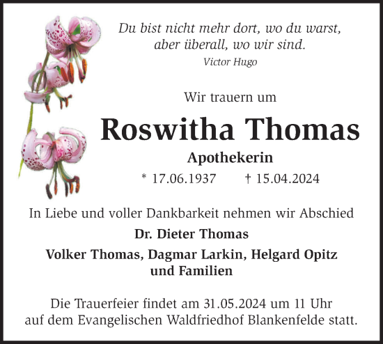 Traueranzeige von Roswitha Thomas von Märkische Oderzeitung