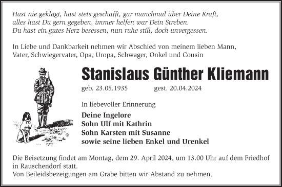Traueranzeige von Stanislaus Günther Kliemann von Märkische Oderzeitung