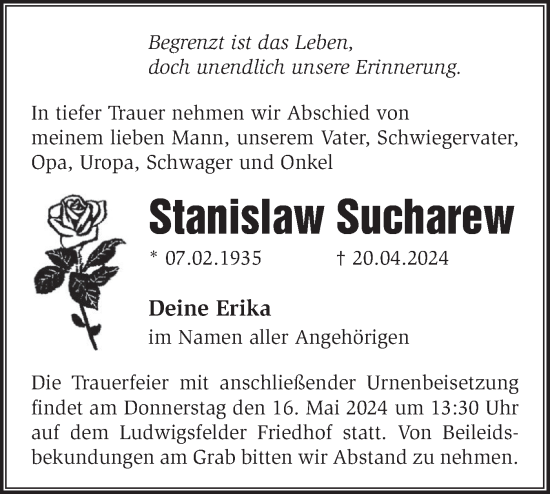 Traueranzeige von Stanislaw Sucharew von Märkische Oderzeitung