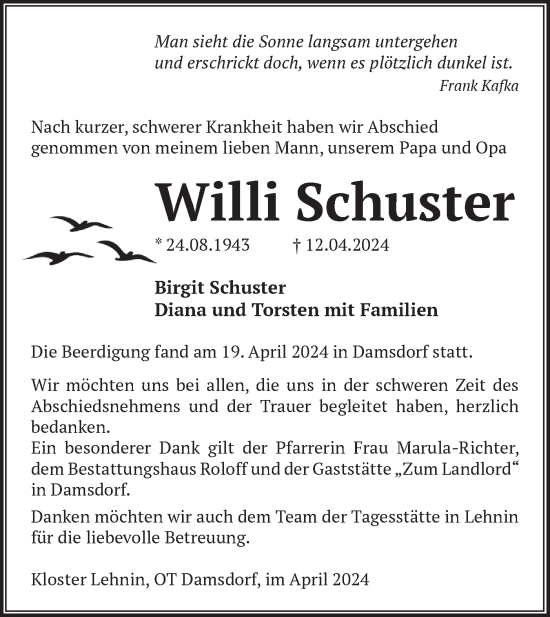 Traueranzeige von Willi Schuster von Märkische Oderzeitung