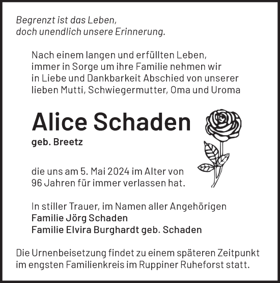 Traueranzeige von Alice Schaden von Märkische Oderzeitung