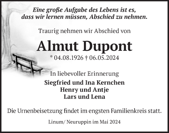 Traueranzeige von Almut Dupont von Märkische Oderzeitung