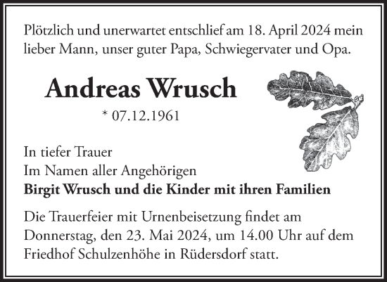 Traueranzeige von Andreas Wrusch von Märkische Oderzeitung