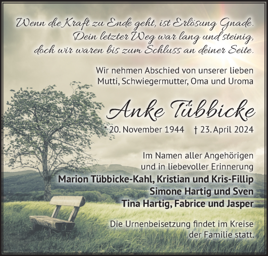 Traueranzeige von Anke Tübbicke von Märkische Oderzeitung