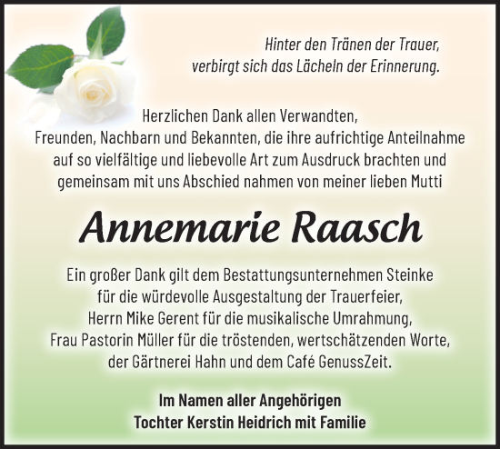 Traueranzeige von Annemarie Raasch von Märkische Oderzeitung