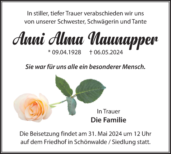 Traueranzeige von Anni Alma Naunapper von Märkische Oderzeitung