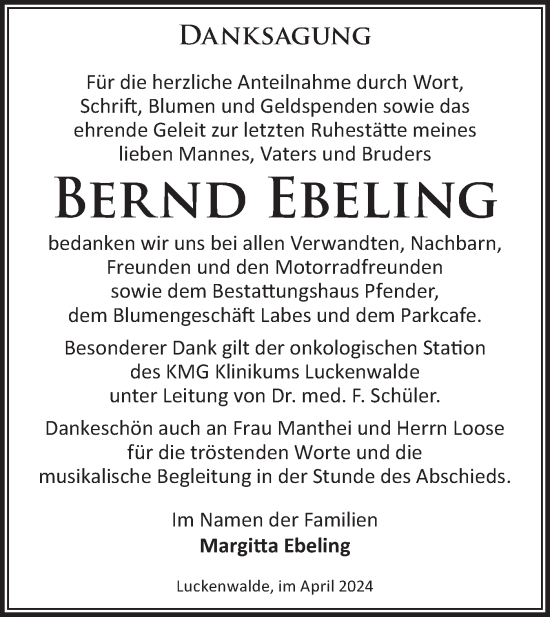 Traueranzeige von Bernd Ebeling von Märkische Oderzeitung