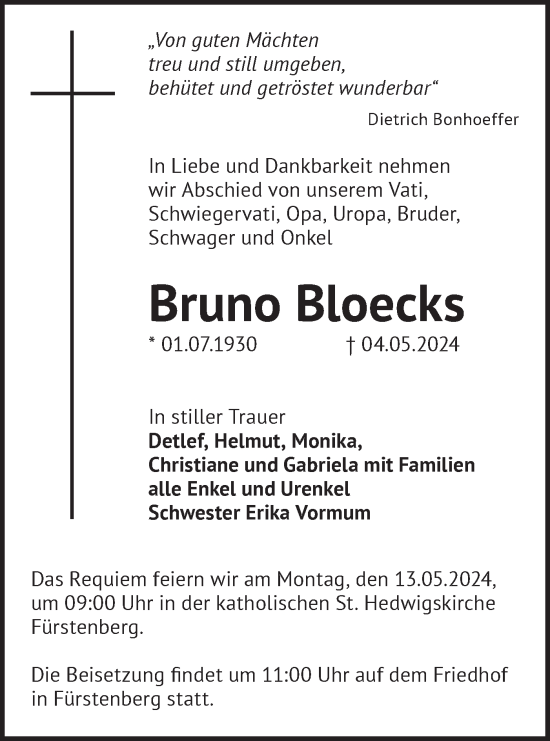 Traueranzeige von Bruno Bloecks von Märkische Oderzeitung