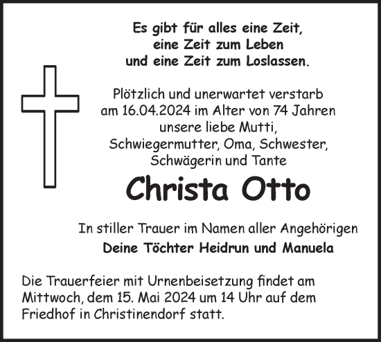 Traueranzeige von Christa Otto von Märkische Oderzeitung