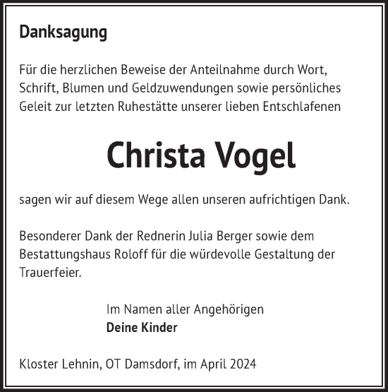 Traueranzeige von Christa Vogel von Märkische Oderzeitung