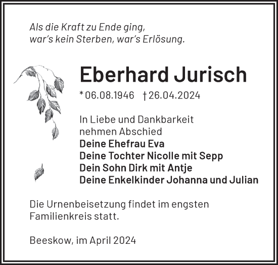 Traueranzeige von Eberhard Jurisch von Märkische Oderzeitung