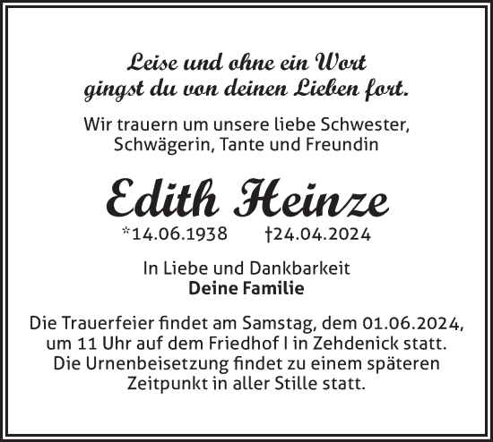 Traueranzeige von Edith Heinze von Märkische Oderzeitung