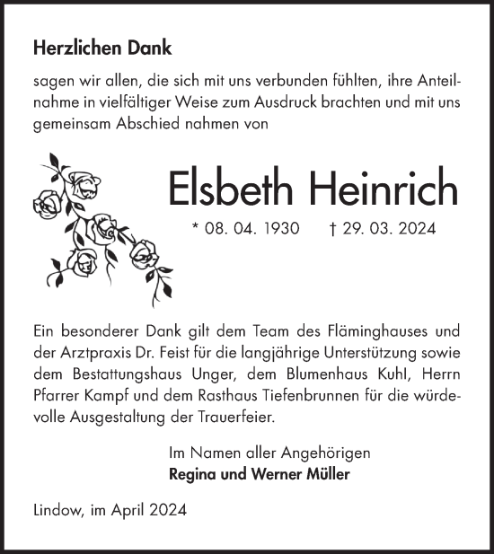 Traueranzeige von Elsbeth Heinrich von Märkische Oderzeitung
