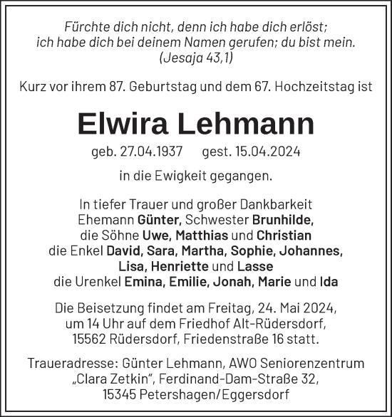 Traueranzeige von Elwira Lehmann von Märkische Oderzeitung