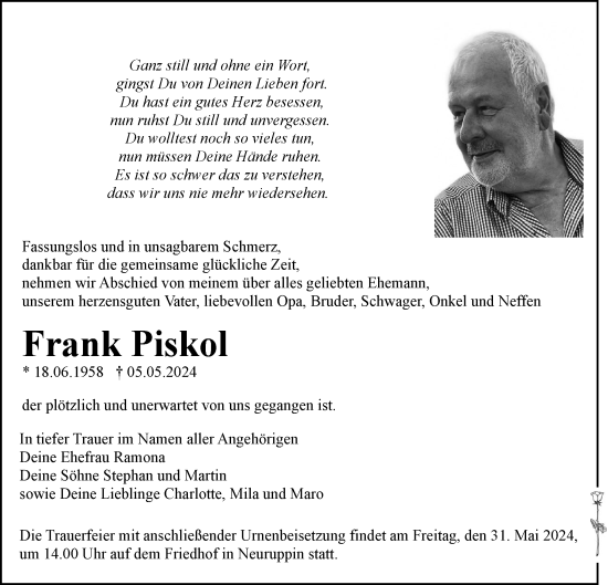 Traueranzeige von Frank Piskol von Märkische Oderzeitung